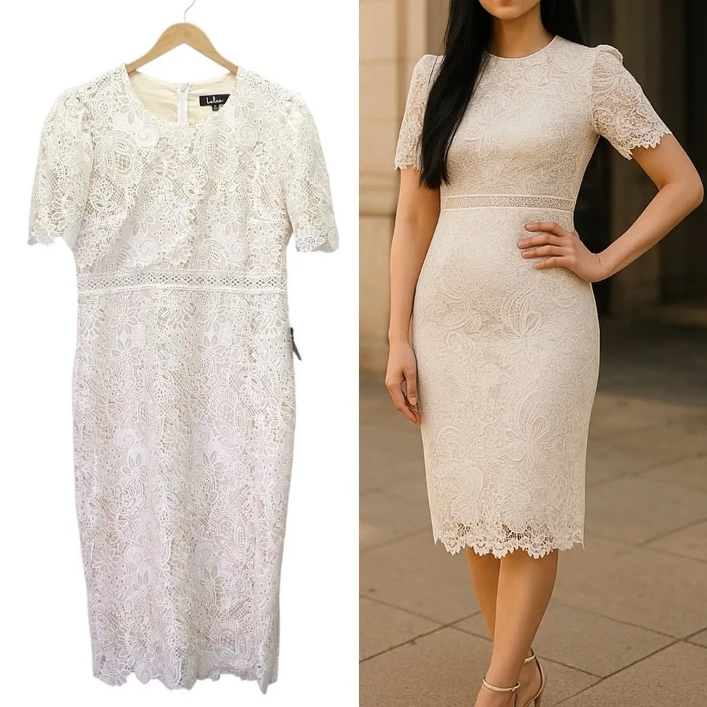 NWT Lulus Amore Off-White Crochet Lace Midi Dress Size XL Short Sleeve Wedding - Image 2