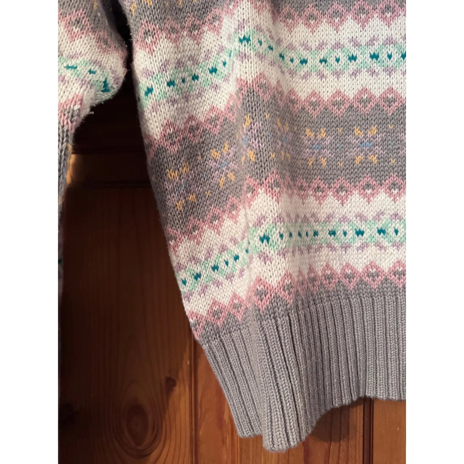 VTG REI Fair Isle Knit Sweater Crewneck Long Sleeve Gray Pink Green Size L Size L - Image 5