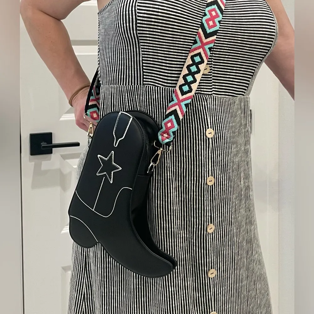 Cowboy Boot Crossbody Novelty Purse Bag with Colorful Embroidered Strap Black - Image 2