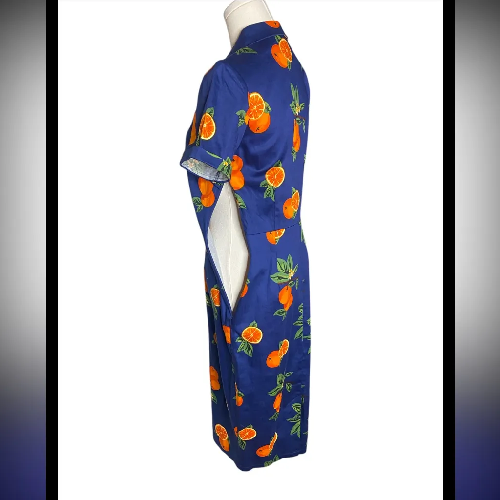 Collectif London Mirtilla Oranges Pencil Dress Blue Retro Rockabilly Size S UK10 - Image 9