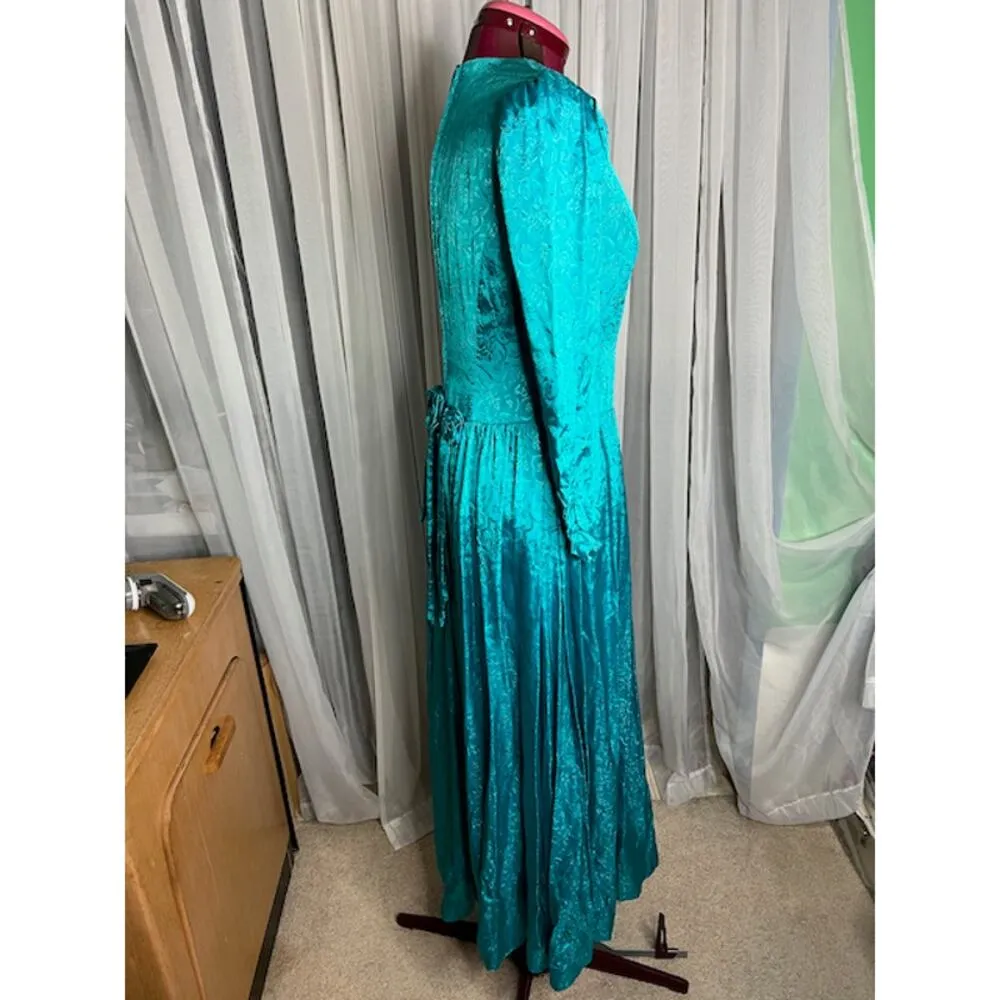 Formal dress lace sleeves puff sleeves vintage 1980s teal floral satin Blue Size M - Image 9