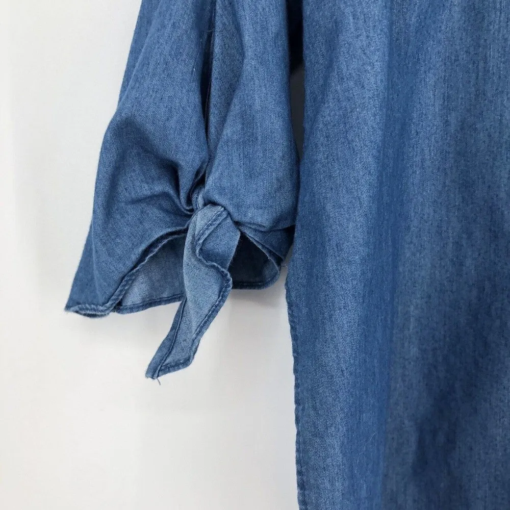 143 Story Chambray Off The Shoulder Top Side Slits 3/4 Tie Sleeves Blue Size S - Image 3