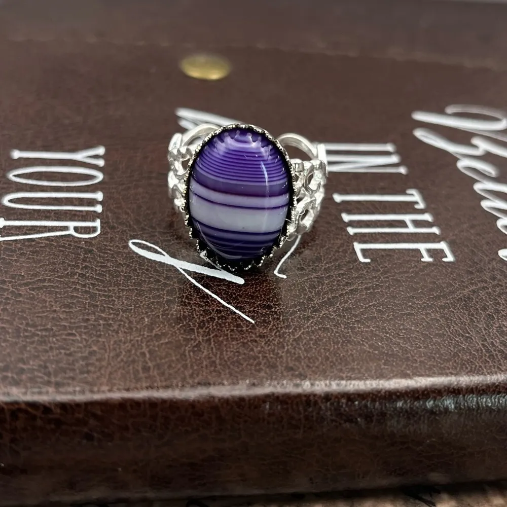 Handcrafted Purple Striped Glass Oval Cabochon Silver Stainless Steel Ring - Image 13
