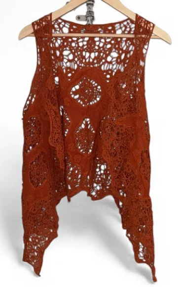 Crochet Lace vest orange brown boho hippie knit NEW open front shark bite hem Size L - Image 1