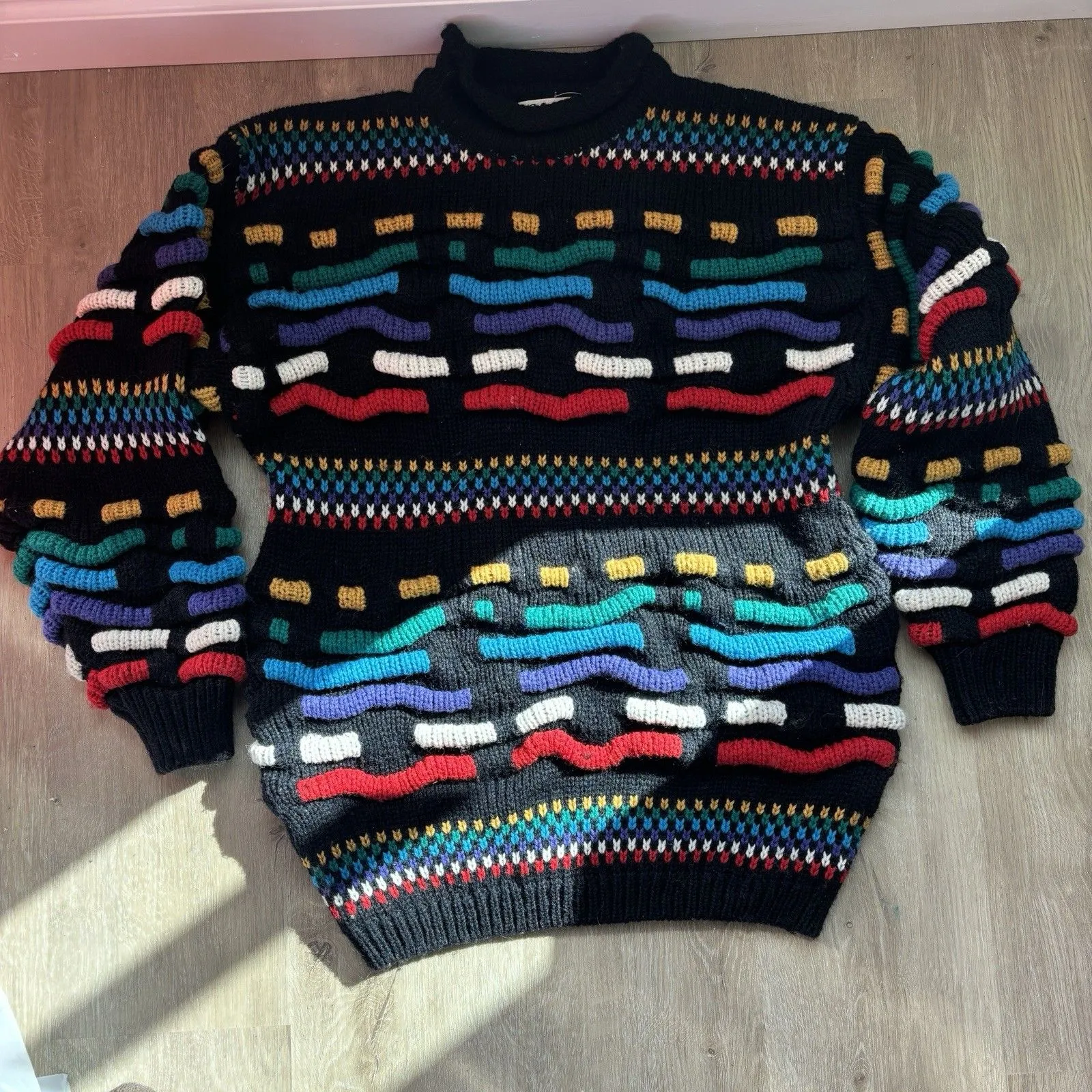 Carducci VTG 80s S Women's 3D Chunky Knit Sweater Wool Black Coogi Style - Image 3