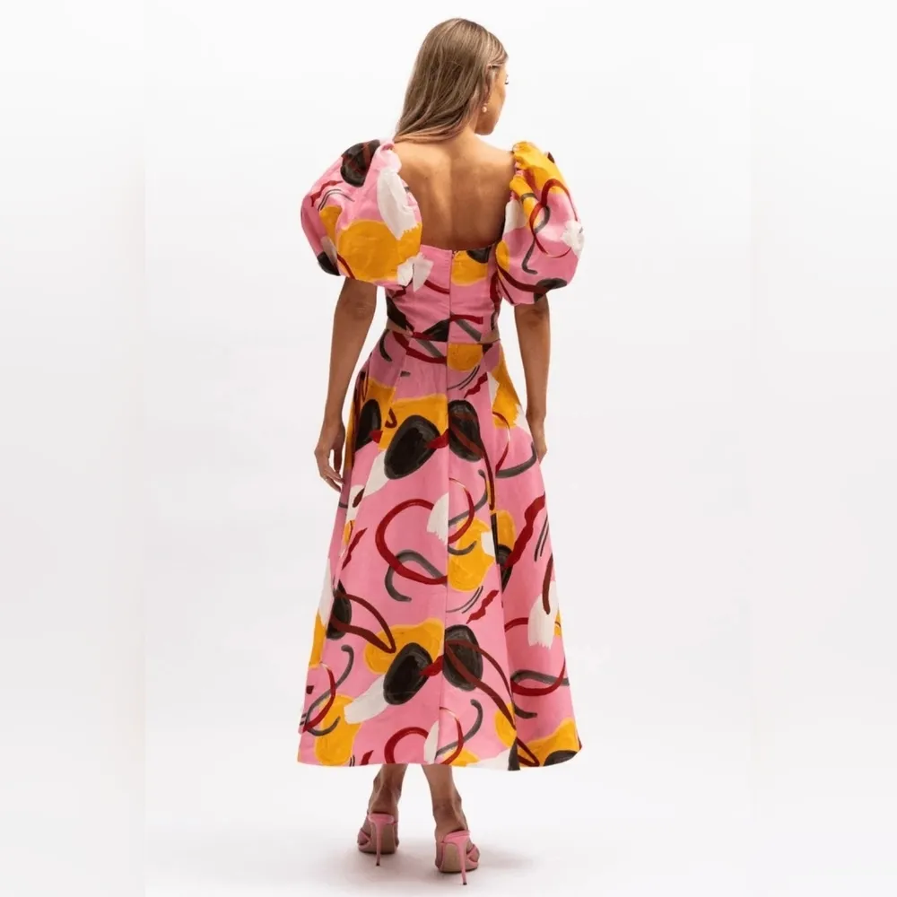 Aureta Studio Ada Midi Printed Linen Puff Sleeve Cutout Dress - Image 4