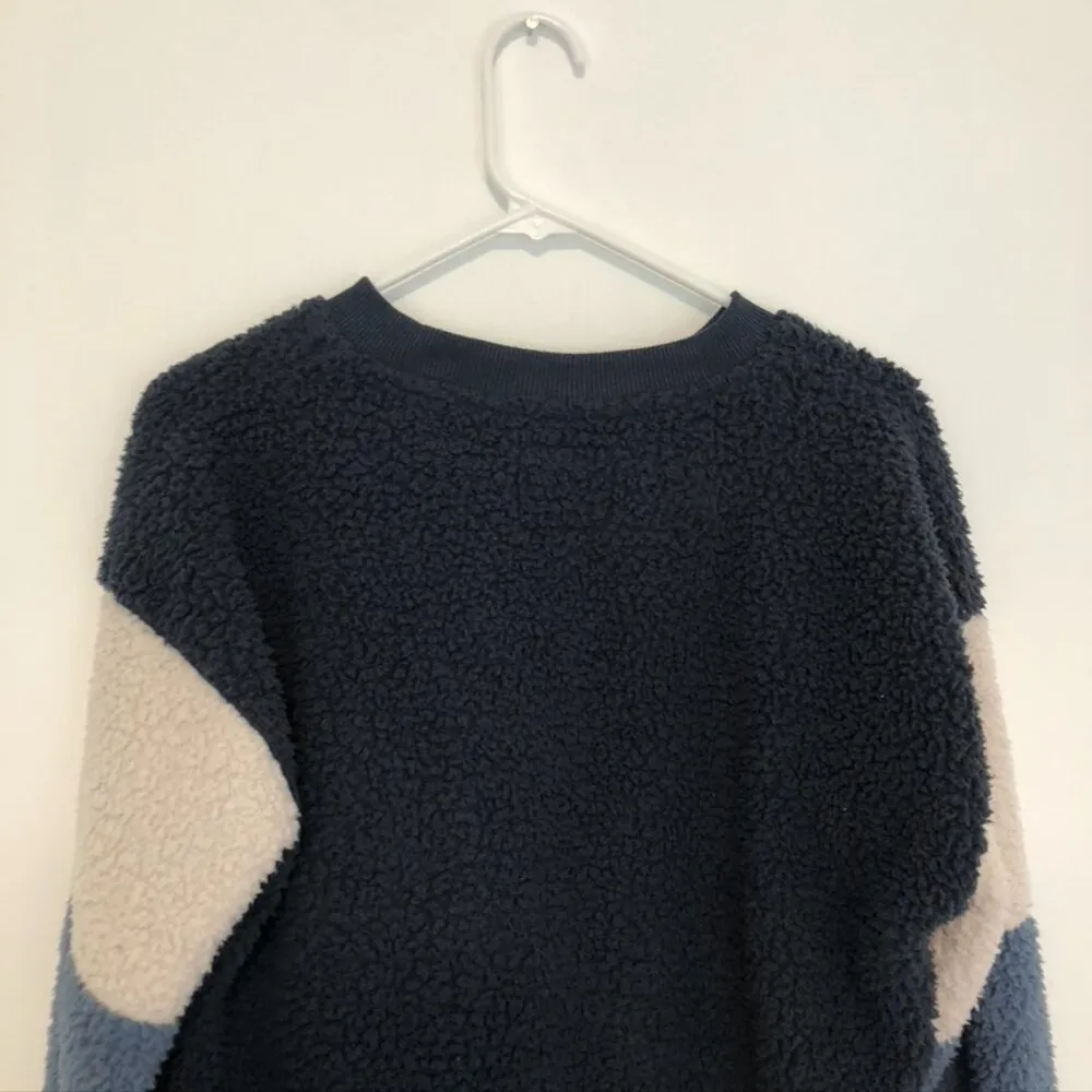 AMERICAN EAGLE Navy Blue Cream Colorblock Sherpa Pullover Crewneck Sweatshirt S - Image 13