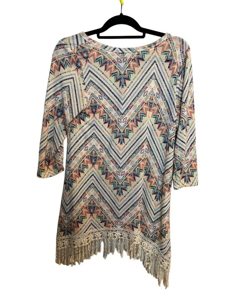 Absolutely Famous Women’s Blouse Size Medium Western Boho Orange, Blue Fringe - Image 2