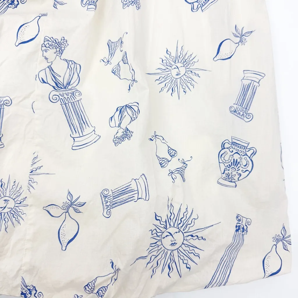 Lucky Brand Bubble Cotton Poplin Maxi Skirt Greece Travel Vacation Print Ecru - Image 9