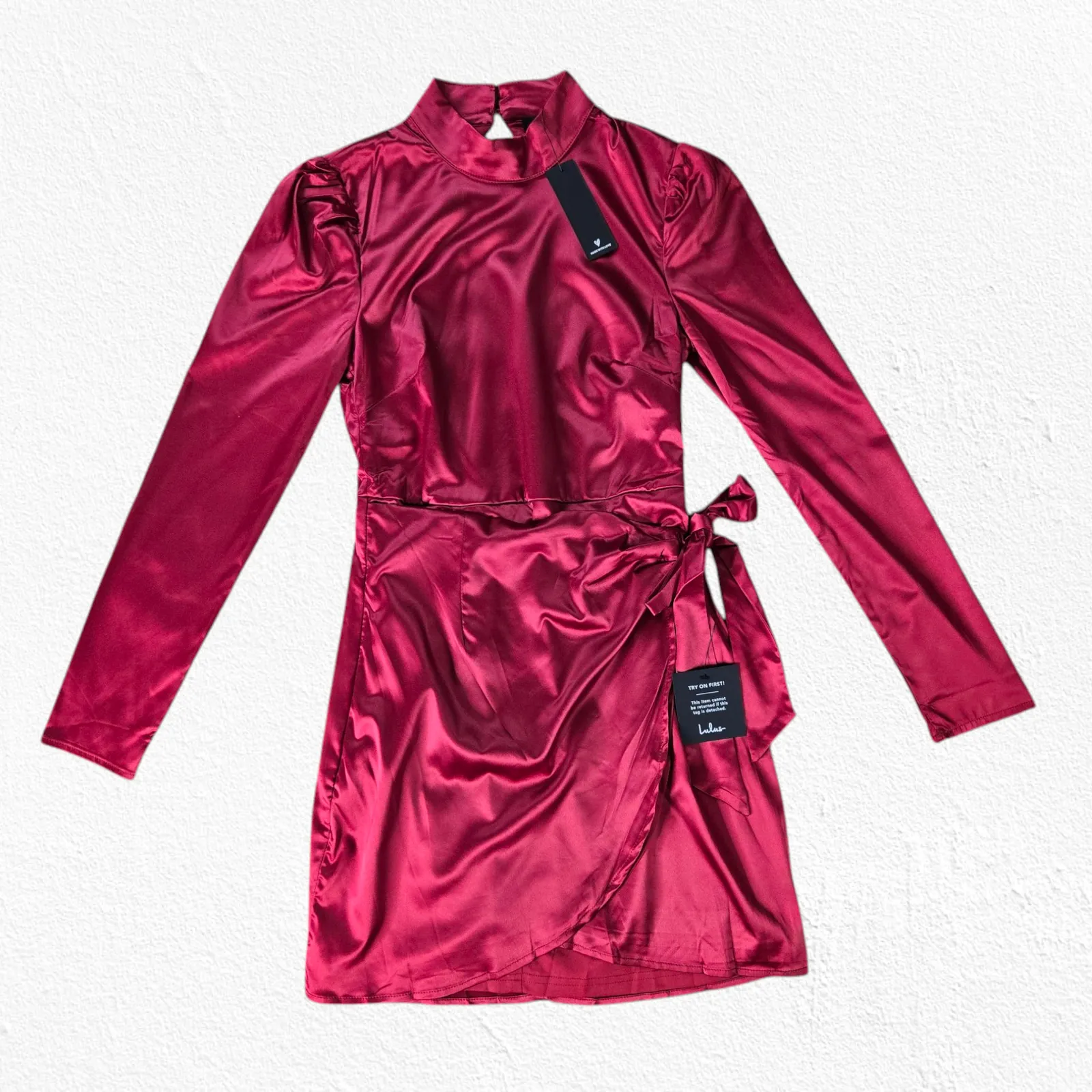 Lulus Red Satin Faux Wrap Open Back Late Night Stunner Mini Dress Size Medium - Image 4