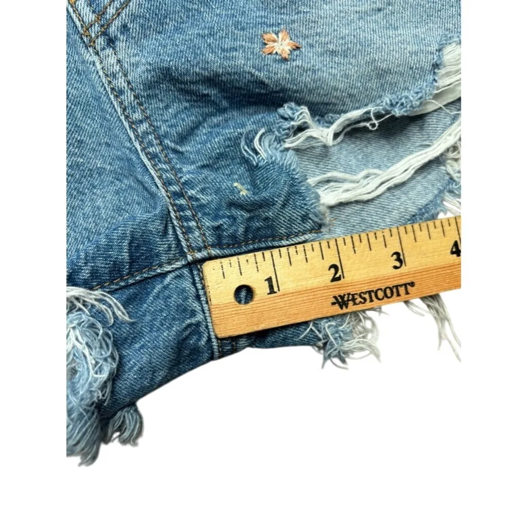 American‎ Eagle Shorts Women's Size 00 Blue Denim Floral Embroidered High Waist - Image 7