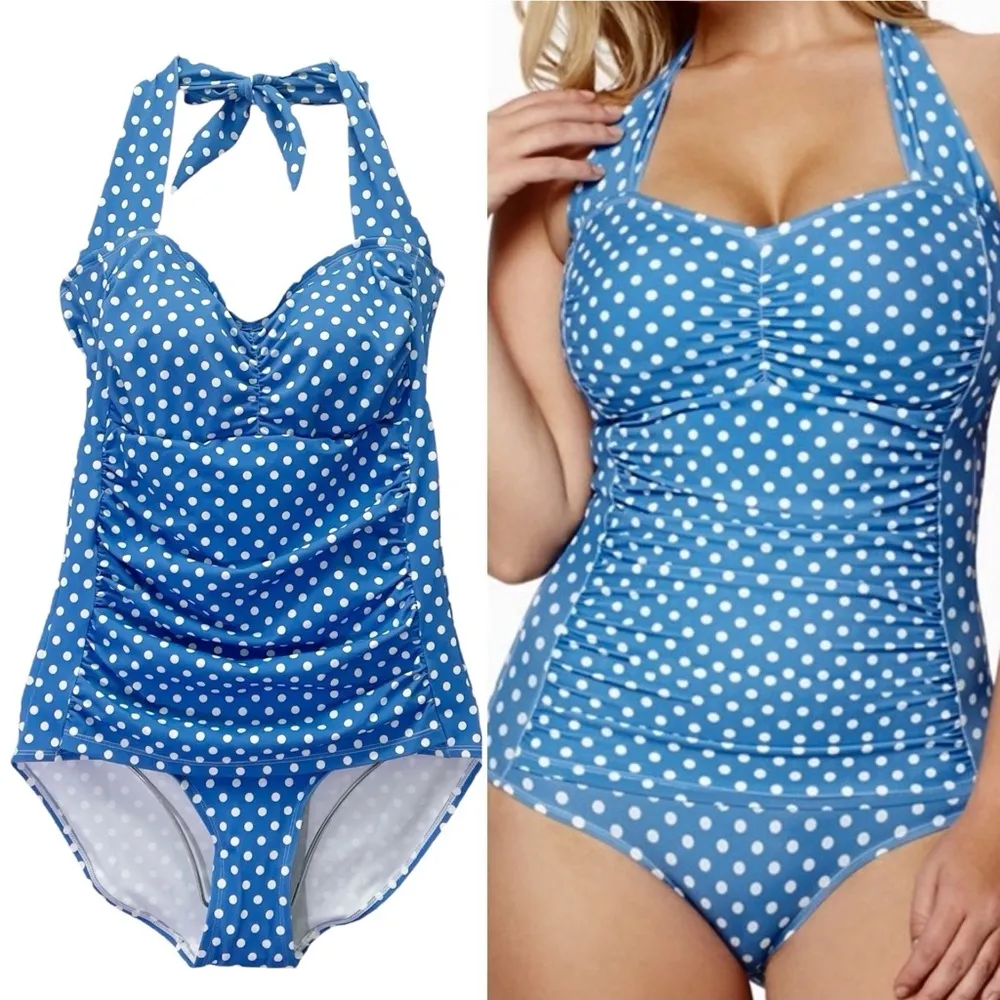 Ruby Ribbon Size 12 Blue White Polka Dot One Piece Swimsuit Halter Ruched Retro - Image 13