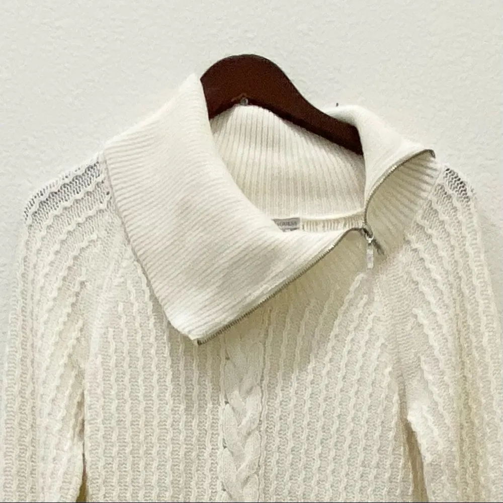 Guess Ivory White Cowl Neck Zip Knit Sweater L - Image 6