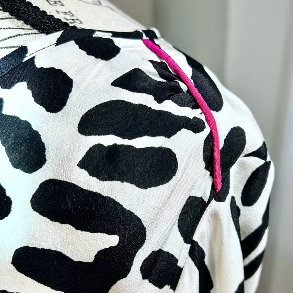 KARINA GRIMALDI Silk Zip Front Abstract Mini Dress Black White Pink Sz S π - Image 7