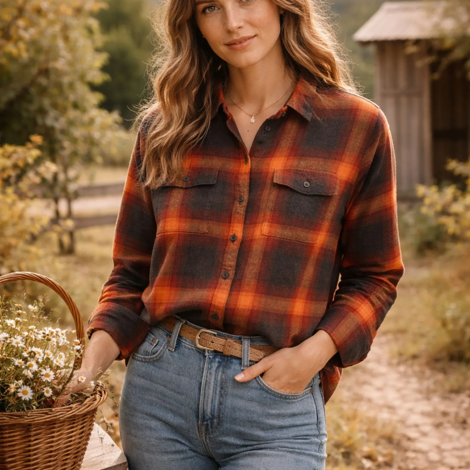 Old Navy Womens Plaid Boyfriend Shirt Flannel Swifty Evermore XS Orange Black - Image 2