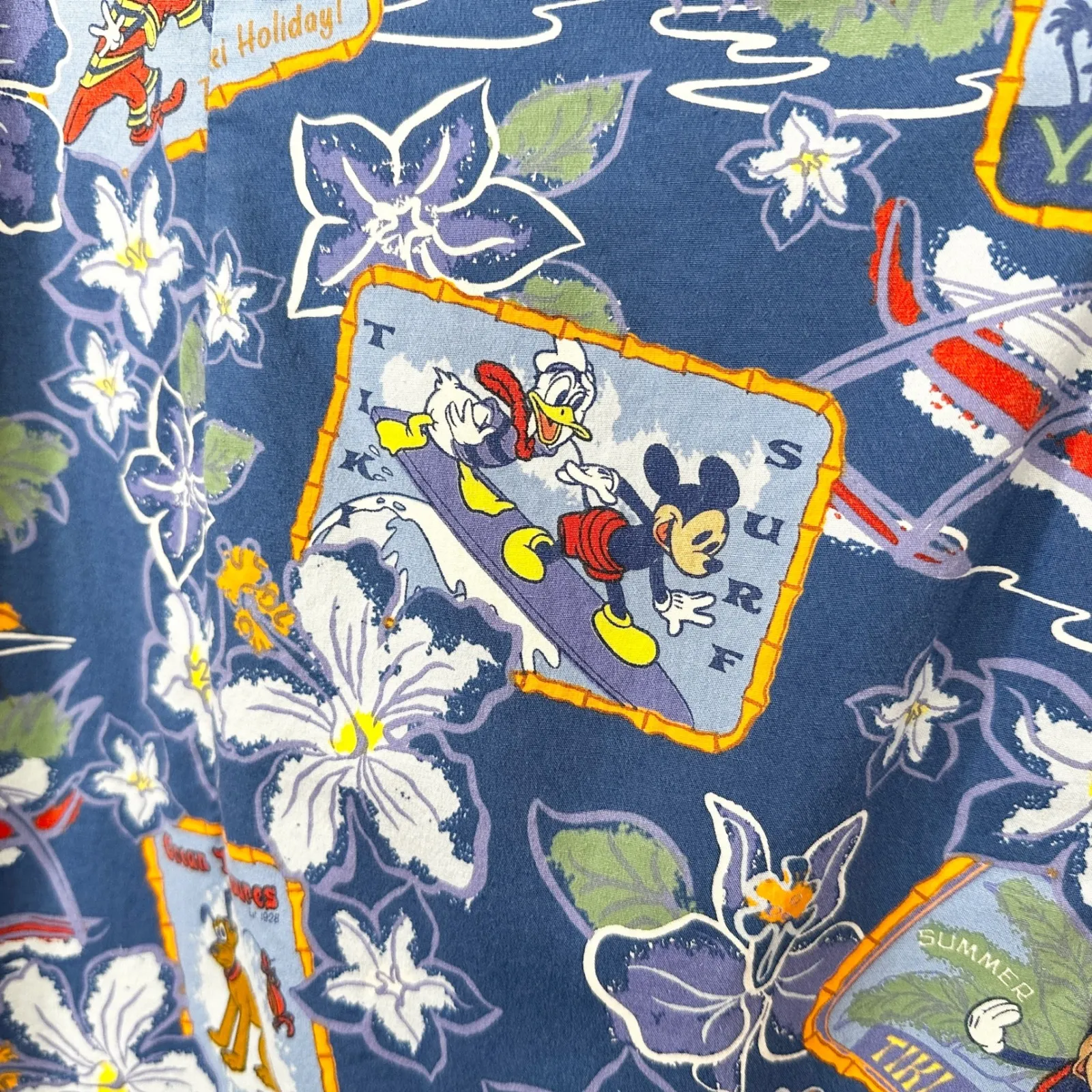 VTG Disney Medium Shift Dress Mickey Hawaiian Sleeveless Hula Tiki Postcard 1178 - Image 8