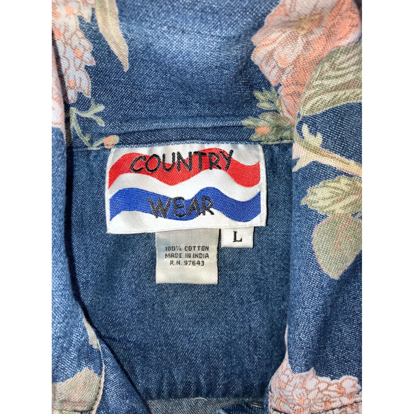 Vintage Country Wear Denim Floral Shirt Women Large Button Up Retro Western Blue - Image 5