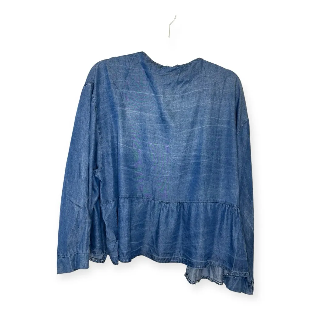 Angela Mara Chambray Denim Jacket Ruffle Hem Lightweight Feminine Casual Layer L Blue Size L - Image 2
