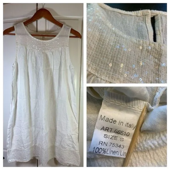 Made In Italy Linen Tunic Top Sleeveless Sequins Bling White Sparkly Beach Bride - Image 2