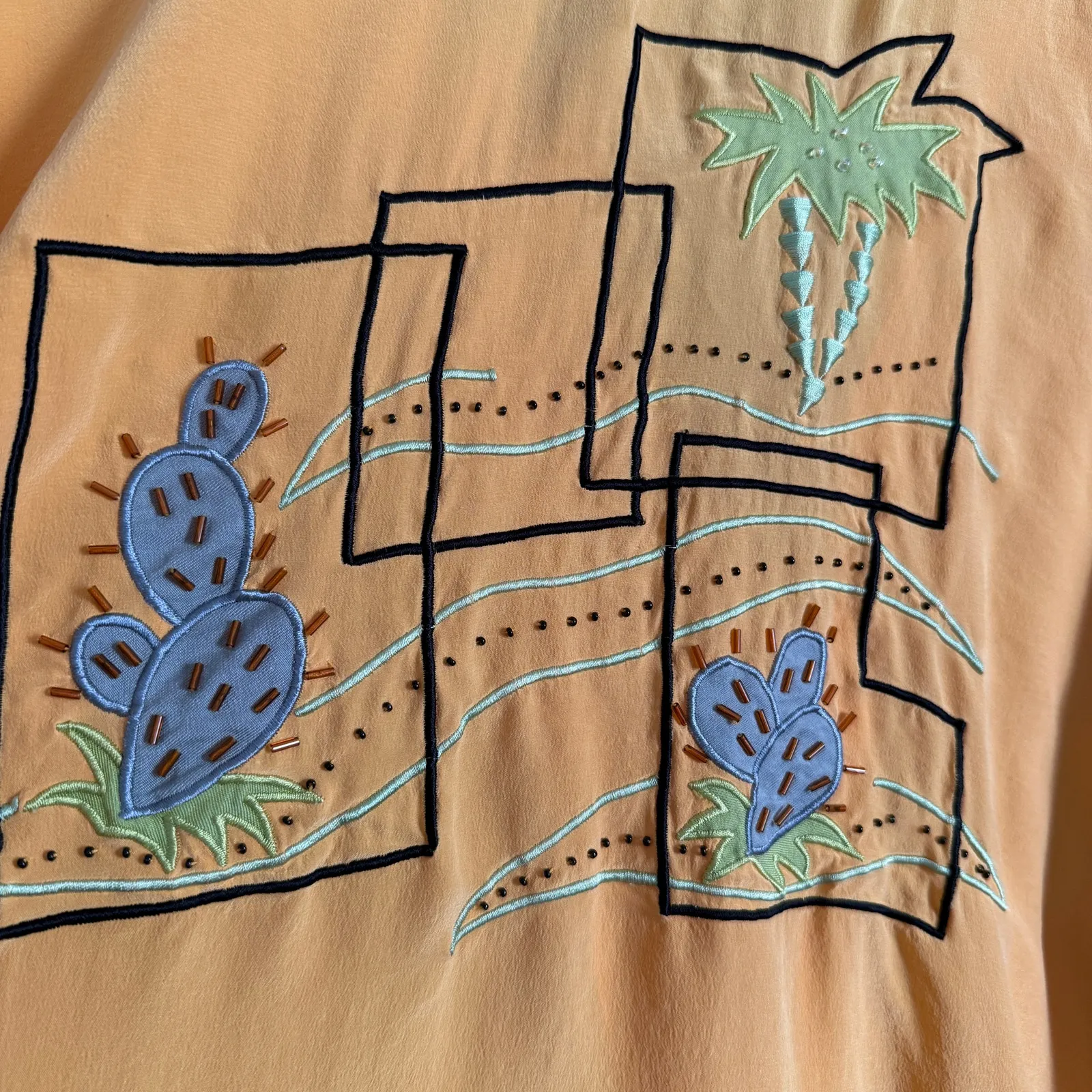 90s Vintage BLUE ICE Silk Western Embroidered Beaded Short Sleeve blouse Size 12 Yellow - Image 6