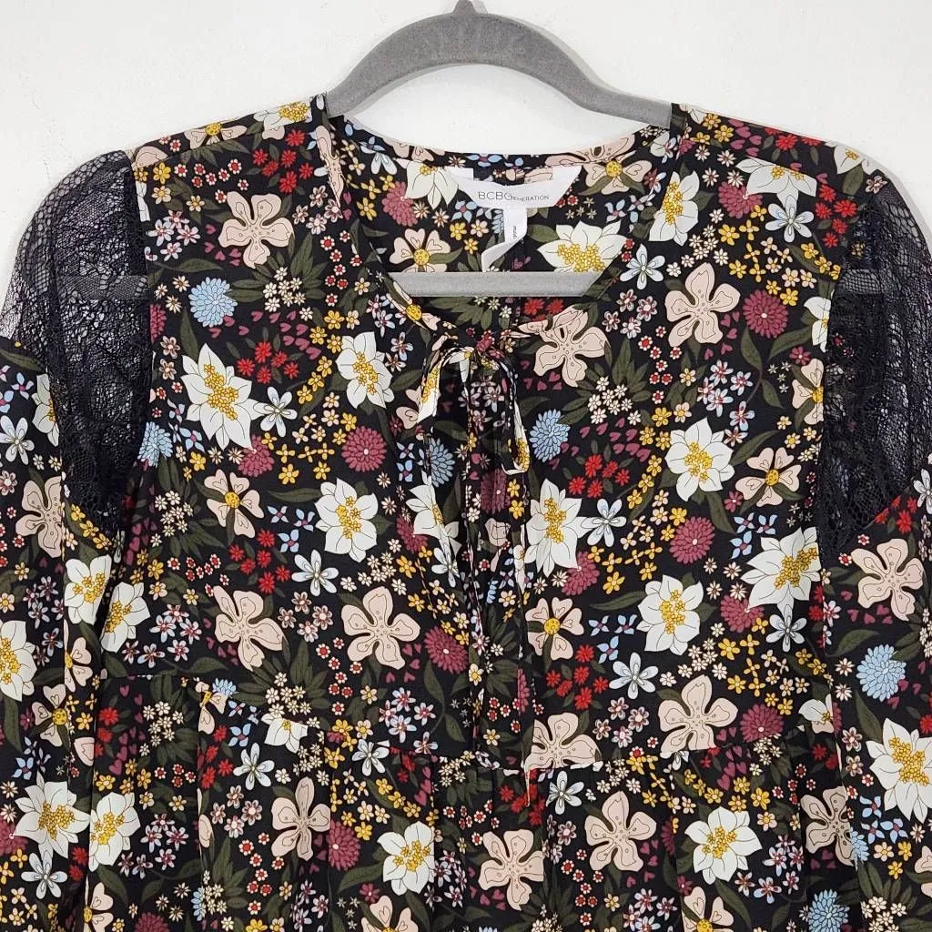 BCBGeneration Black Floral Print Blouse Size XS Floral Boho Top Lace Shoulders - Image 2