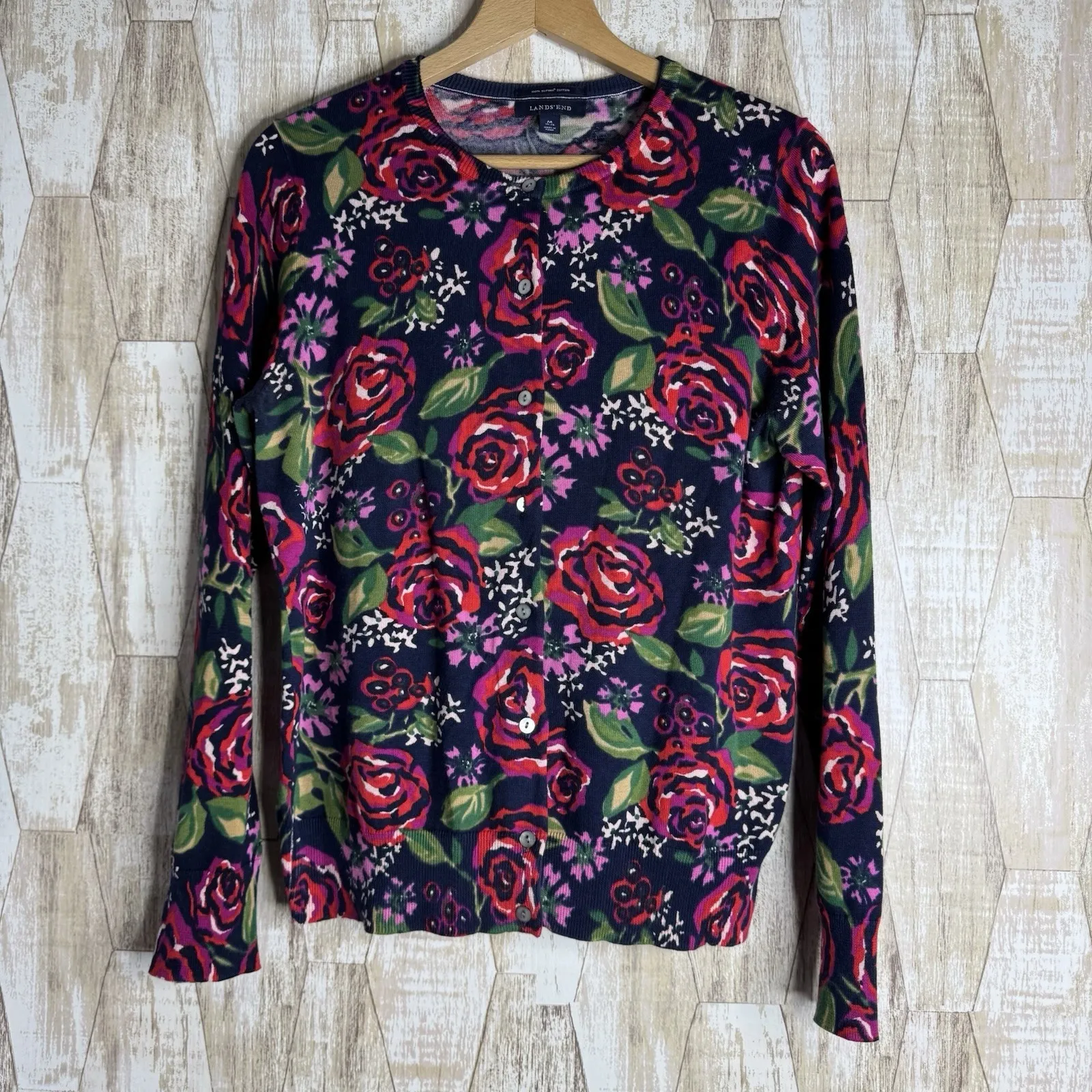 Lands End Sweater Cardigan‎ Size M 10-12 Cottagecore Romance Rose Supima Cotton - Image 2