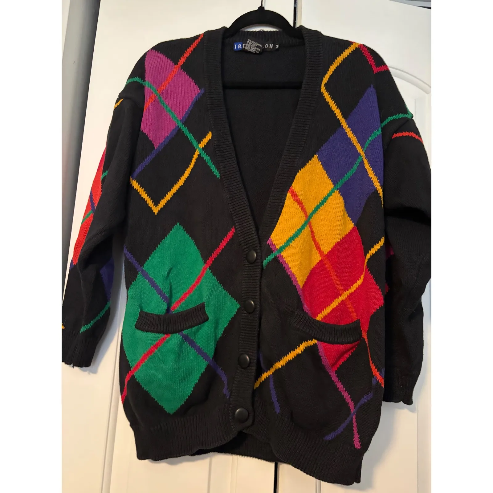 I B Diffusion Black Multi Color Argyle Diamond‎ Knit Cardigan Sweater M Size M - Image 5