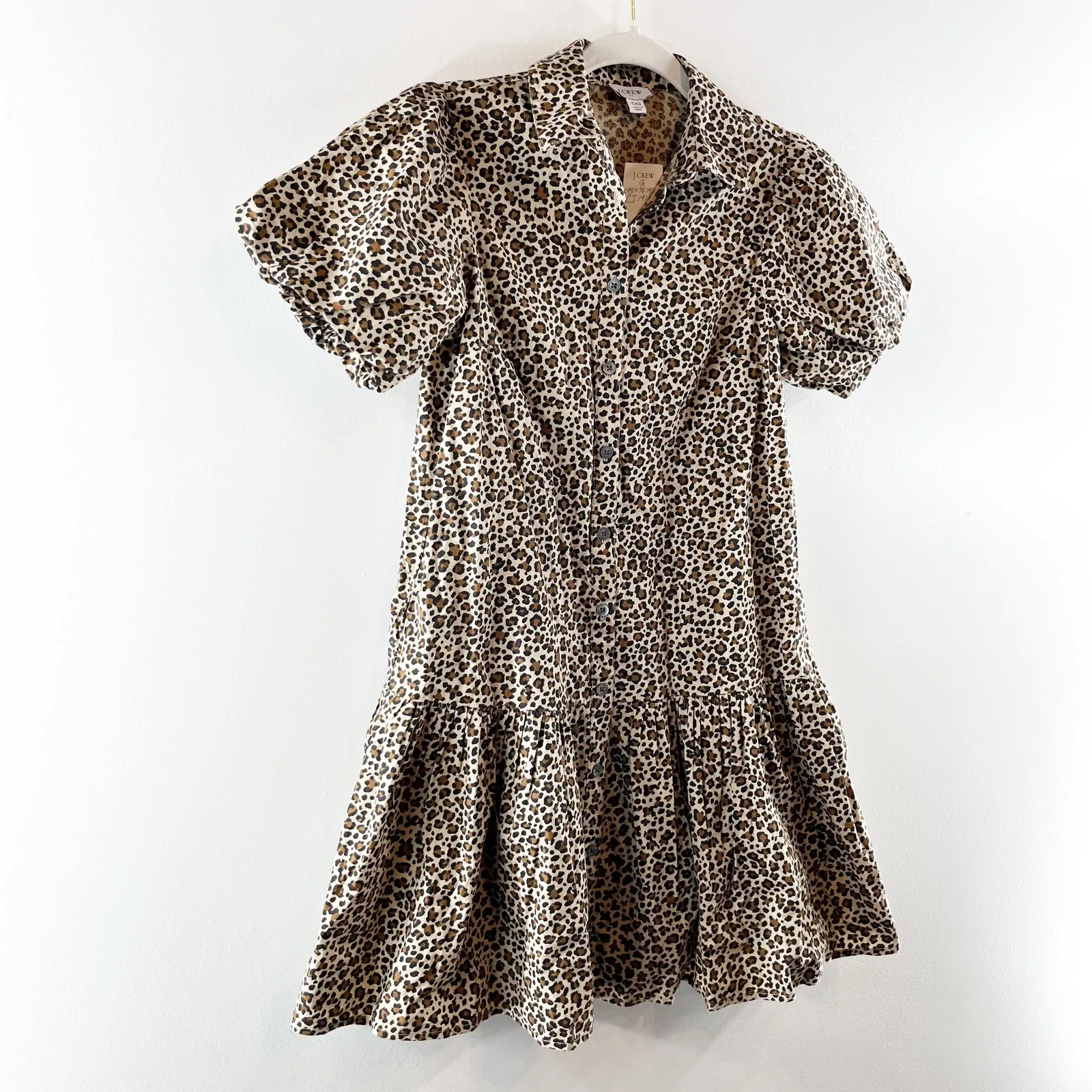 J. Crew Bubble Short Puff Sleeve Button Up Drop Waist Leopard Print Mini Dress - Image 8