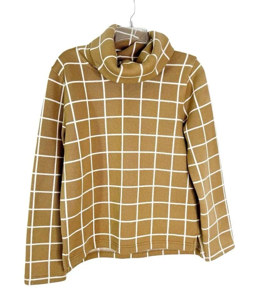 J. Crew Windowpane Fleece Lined Funnelneck Pullover Sweater Camel Tan Size M Size M - Image 5