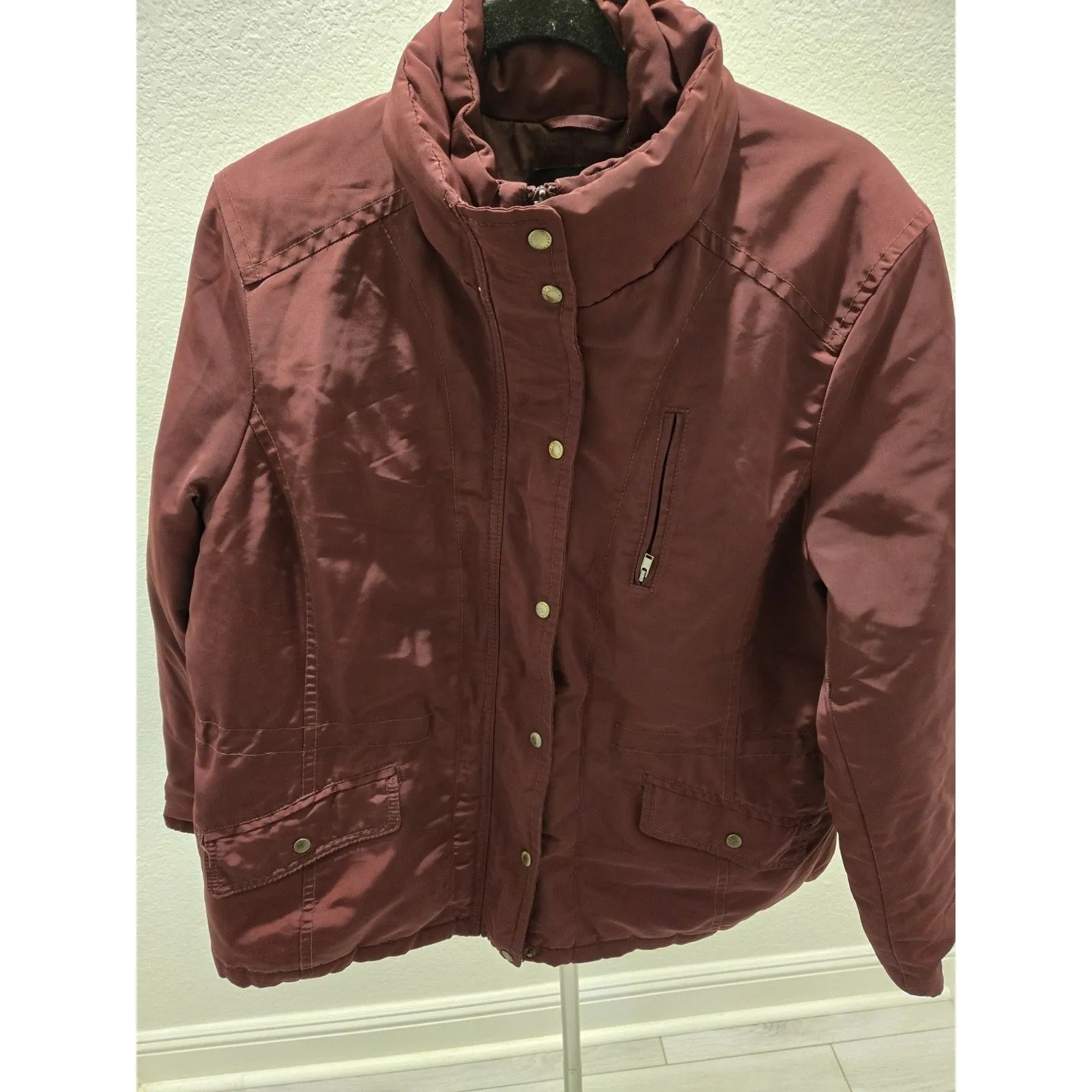 Talbots XLP Red/Burgundy 80% Down Jacket Parka Zip Snap Closure Y2K Cargo - Image 2