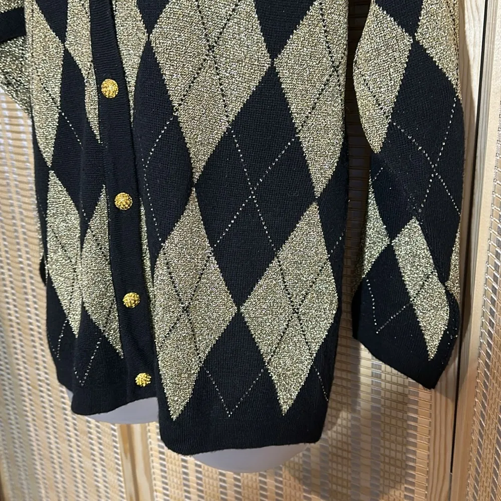 Loubella Vintage 1990s Y2K Black Metallic Gold Diamond Pattern Cardigan Medium - Image 5