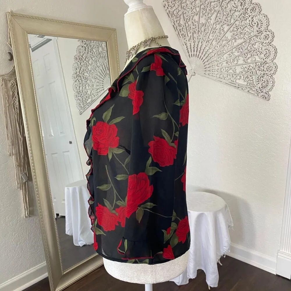 Whimsygoth Black Red Flower Frilly Ruffle Rose Mesh Button Up Vintage Blouse M Size M - Image 5
