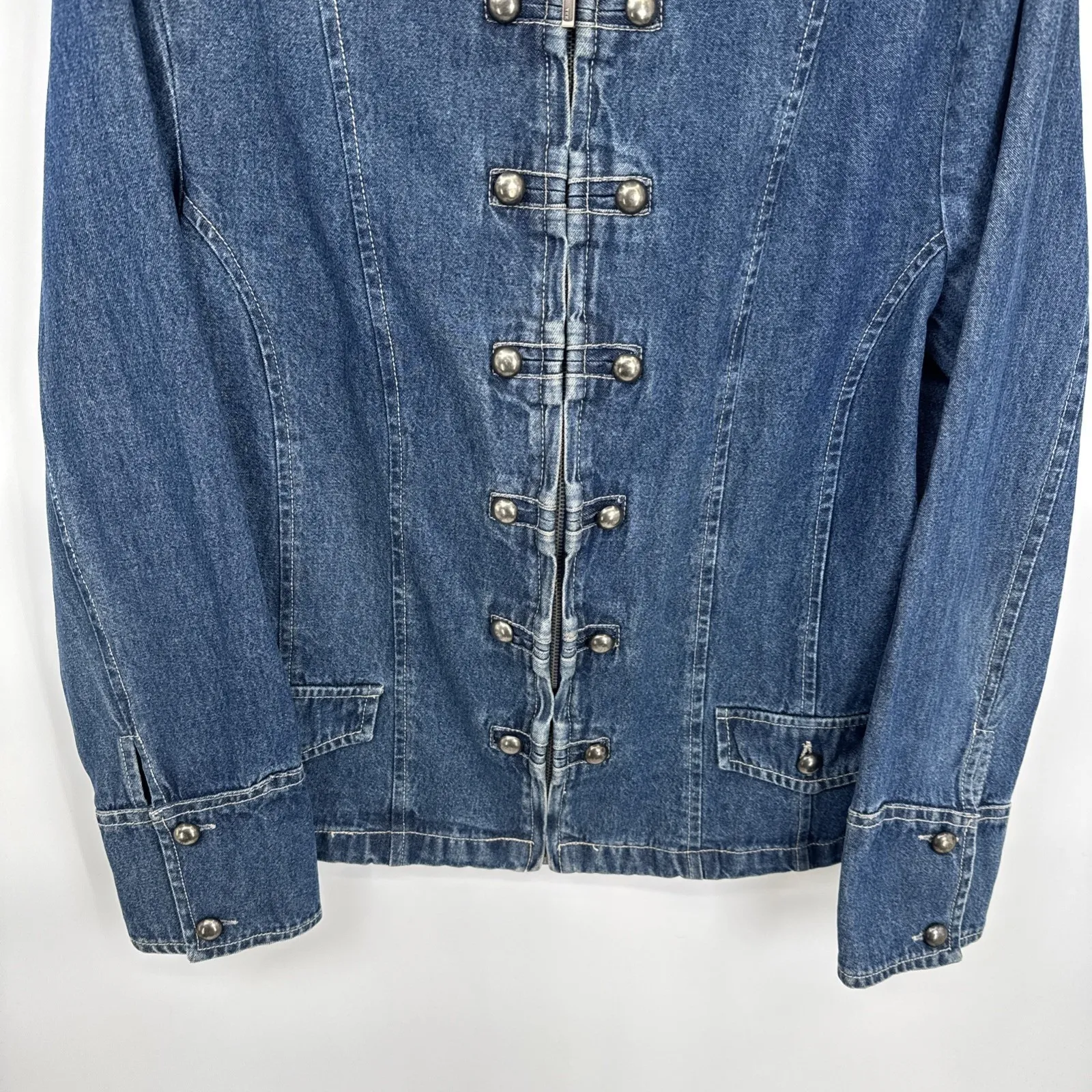 Vintage Hannah Denim Military Jacket Womens Medium Blue Jean Cotton Beaded - Image 3