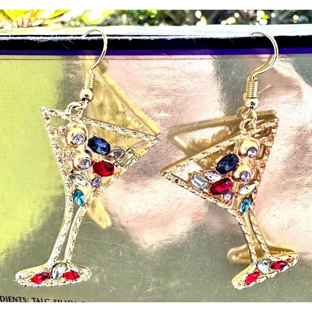 Cocktail Drink Earrings Martini Rhinestones Cruise Beach Island Vacation New Gold - Image 7