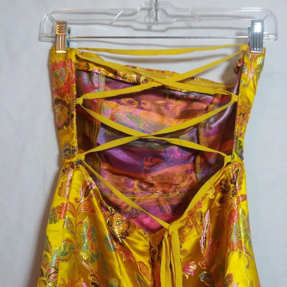 Pretty Little Thing Mustard Oriental Satin Bandeau Lace Up Dress Size 6 - Image 5