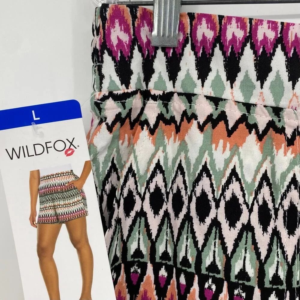 NEW WILDFOX Argyle Tribal Print Flowy Bohemian Shorts Size Large Multicolor Pink - Image 3