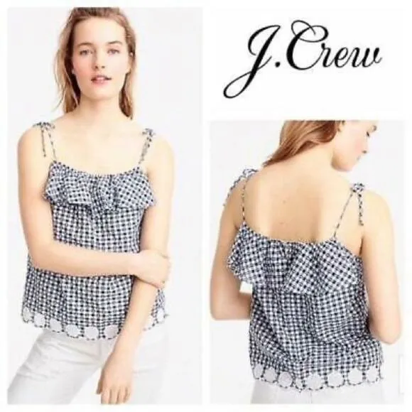 J. Crew Tie Shoulder Ruffle Eyelet Trim Gingham Cotton Embroidered Top 0 - Image 2