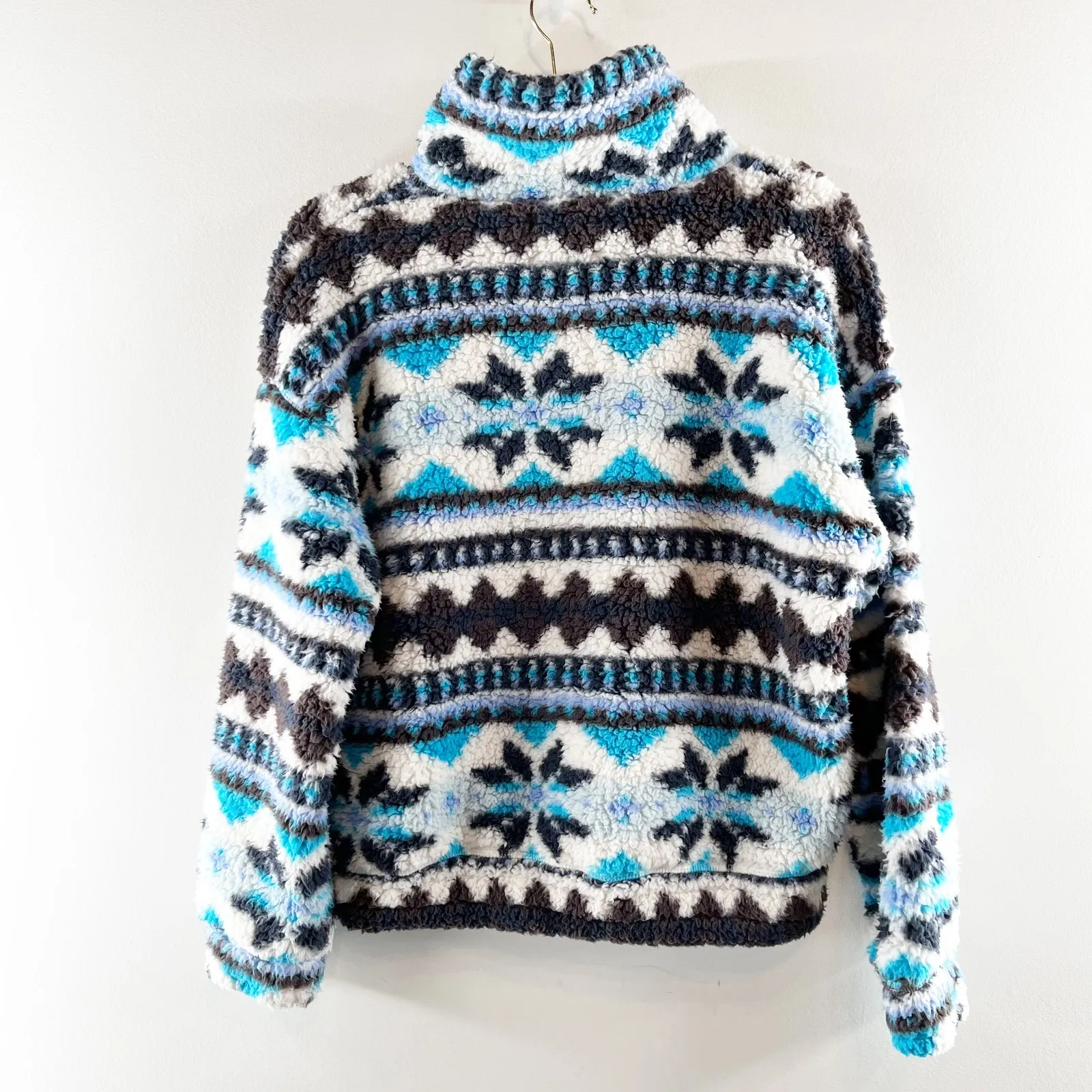 Aerie Hometown Holiday 1/4 Zip Fleece Fair Isle Jacket Blue XS - Image 4