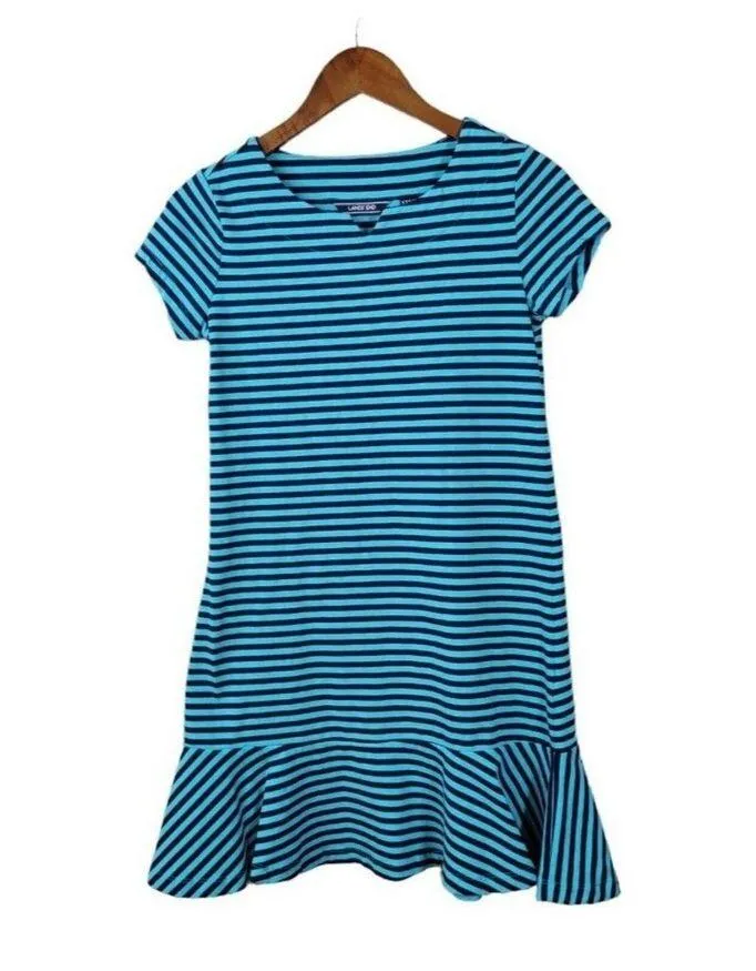 Lands' End Women Casual Dress Teal Blue Tonal Stripe 2X Cotton Short Sleeve Green - Image 2