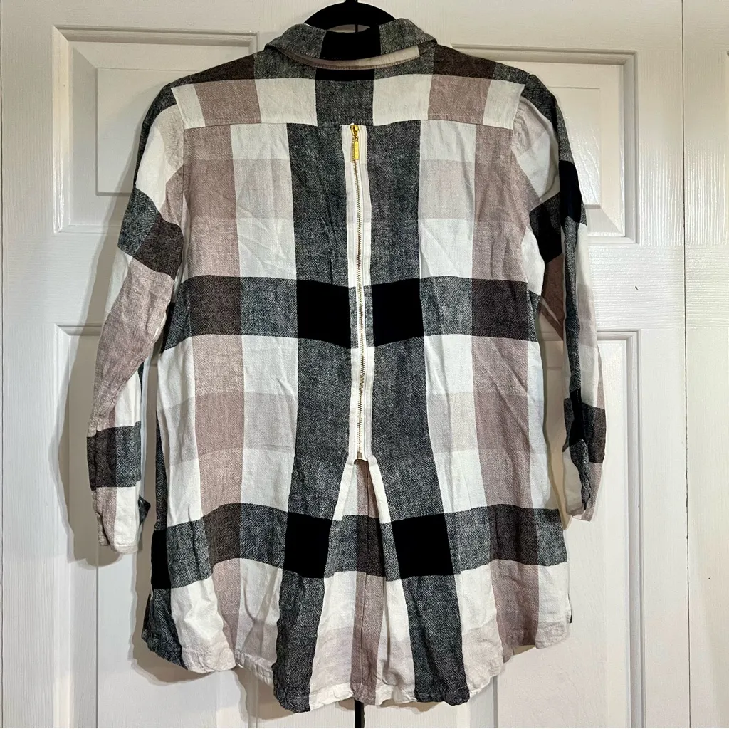 Soft Surroundings Carreaux Linen Blend Black Plaid Blouse Top Zipper Back Small - Image 8