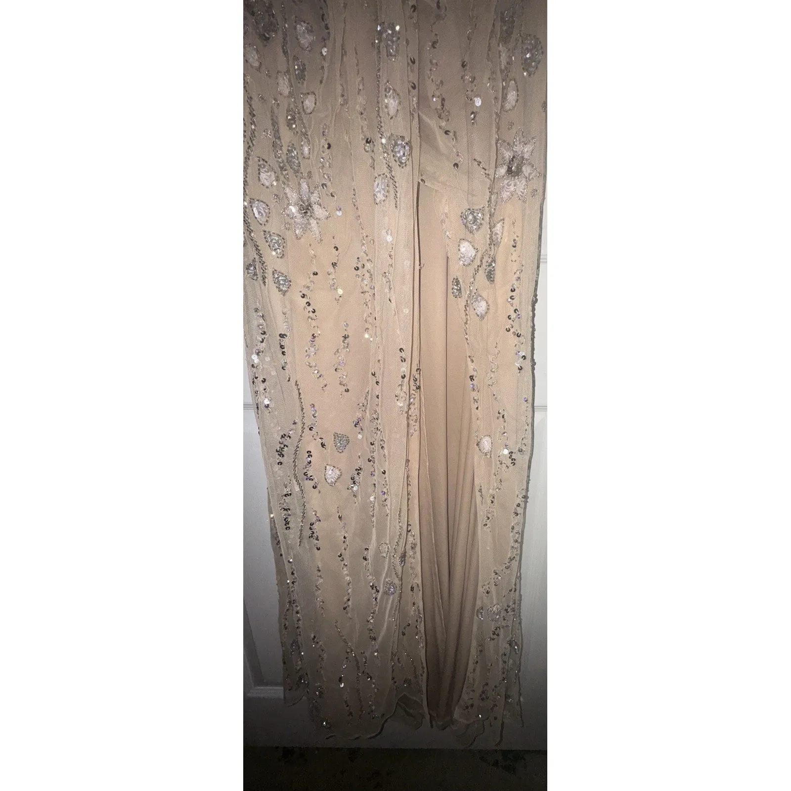 MAC DUGGAL Floral Beaded Embellished One Shoulder Draped Gown Nude Silver Sz 6 - Image 6