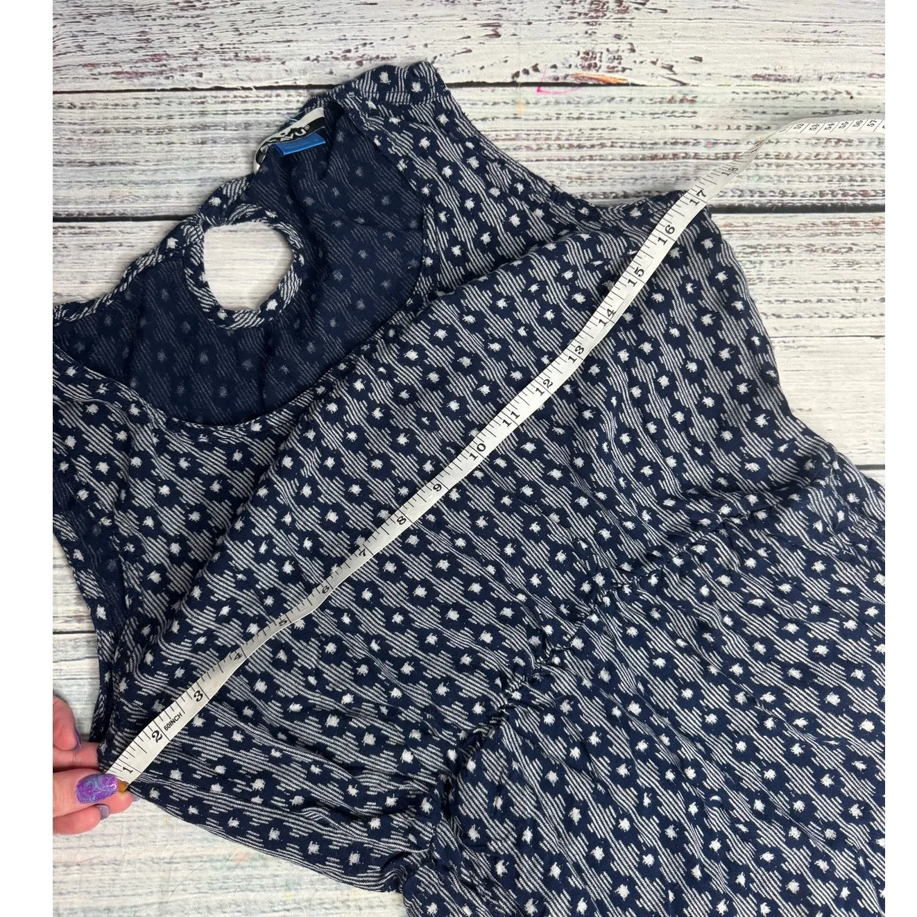 KAVU Sleeveless Navy Blue Ikat Print Dress Keyhole Back Viscose Sm - Image 5