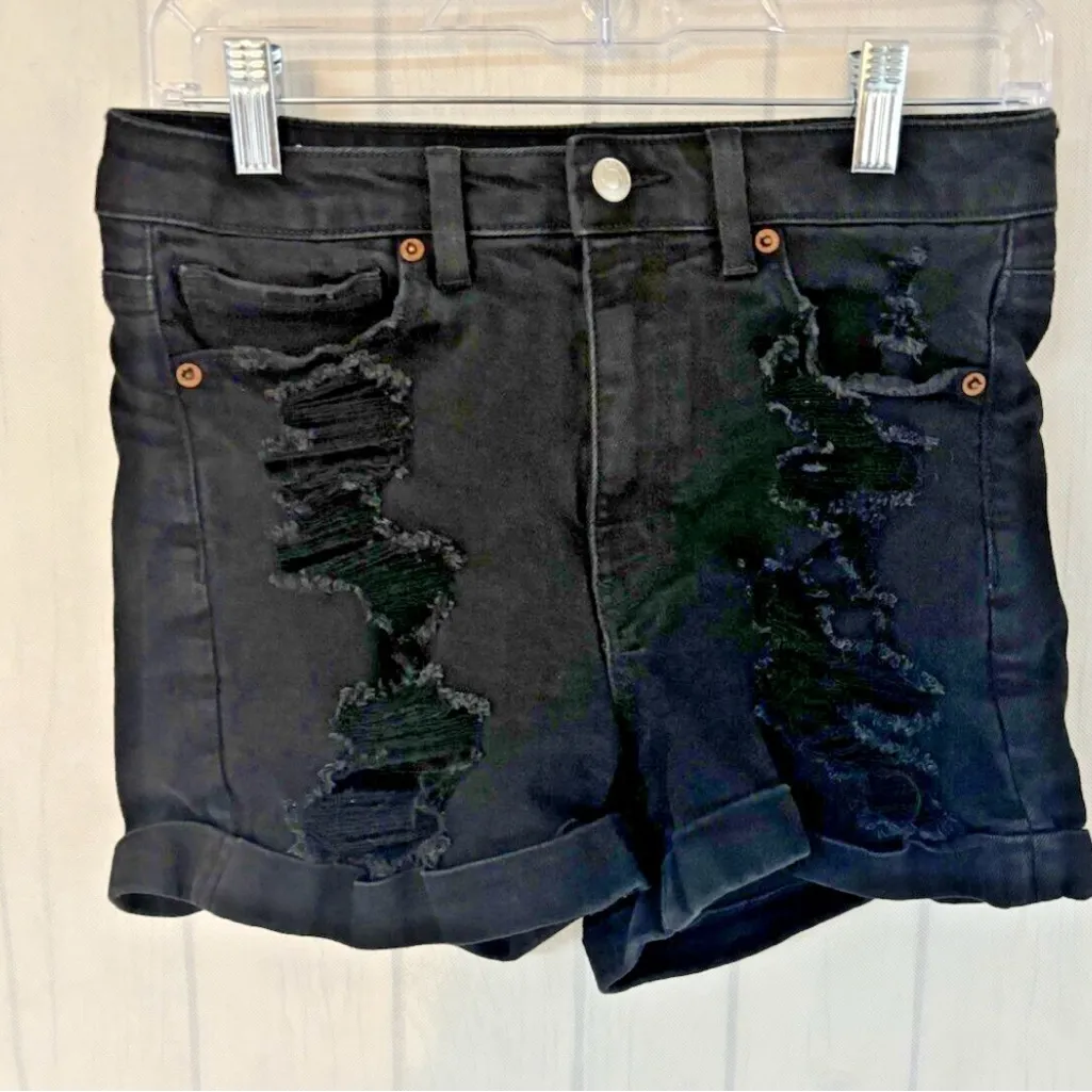 American Eagle Jean Shorts Size 6 Black Stretch Denim Distressed Summer - Image 4
