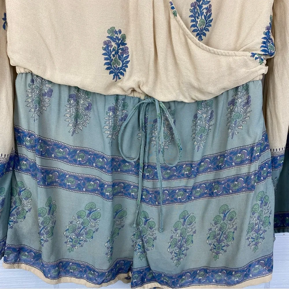 Free People Janpath Romper Shorts Jumpsuit Long Bell Sleeves Beige Blue Floral S - Image 7