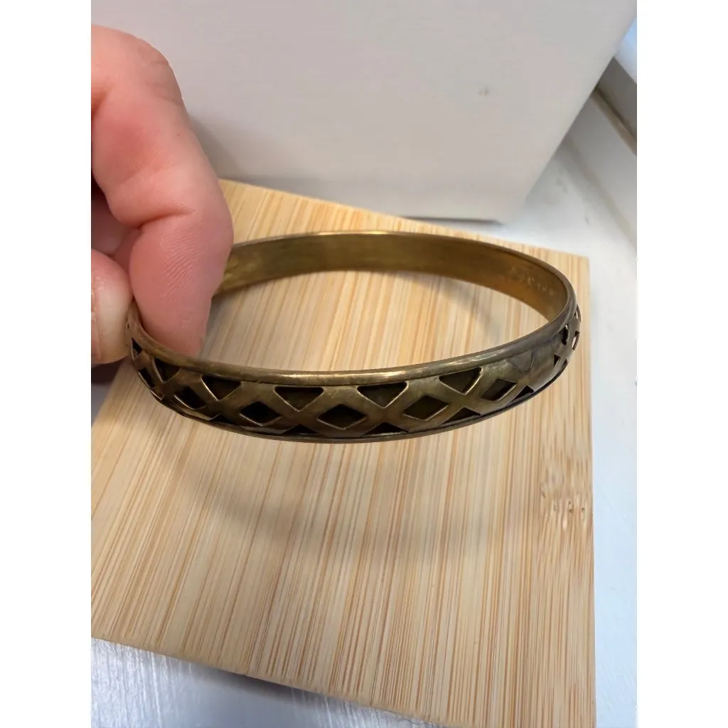 Vintage Brass Bangle & Black Cord Necklace With Textured Pendant And Wooden Bead - Image 10