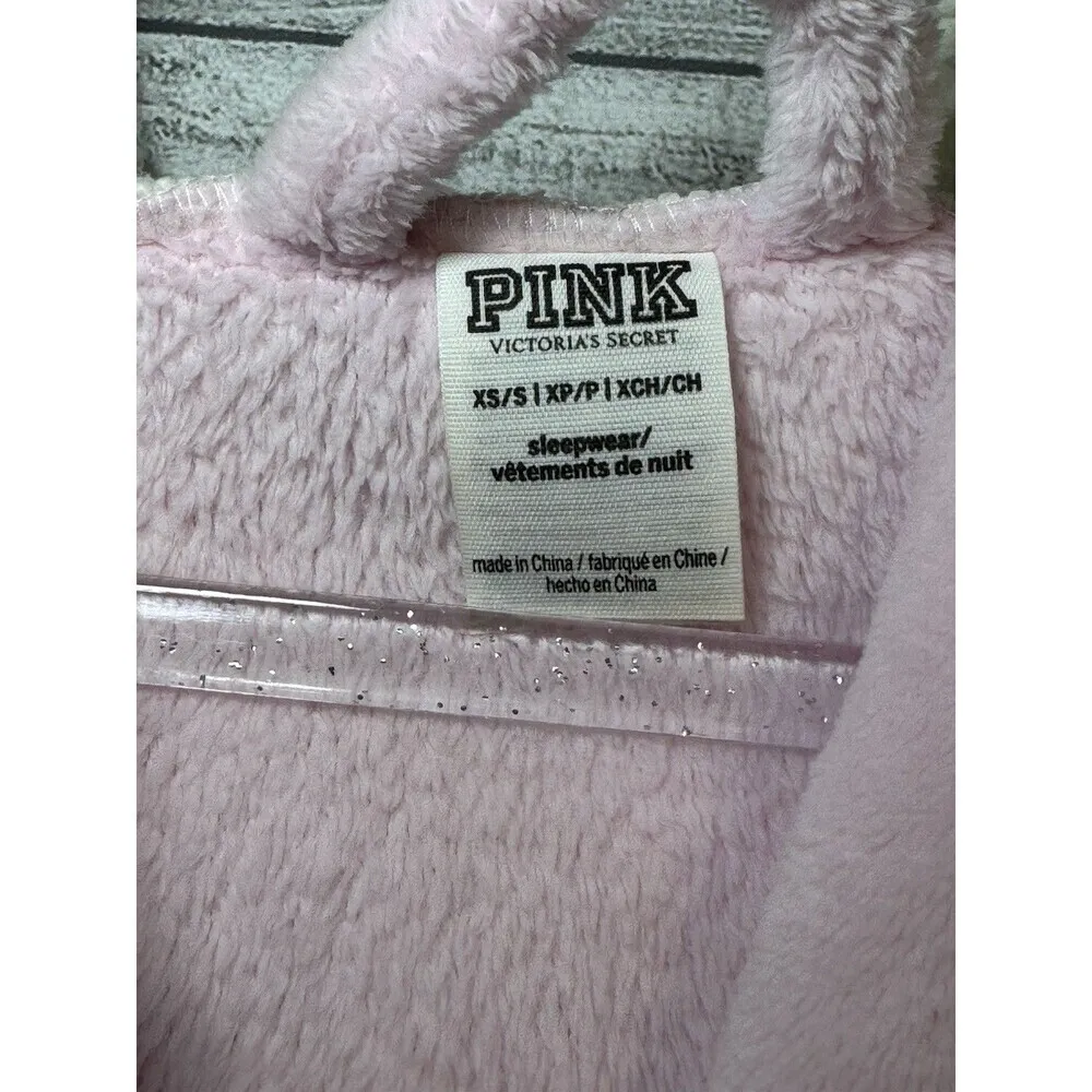 PINK Victoria's Secret Fleece Robe Size XS/S Pink Bling Belted Sherpa Hood - Image 8