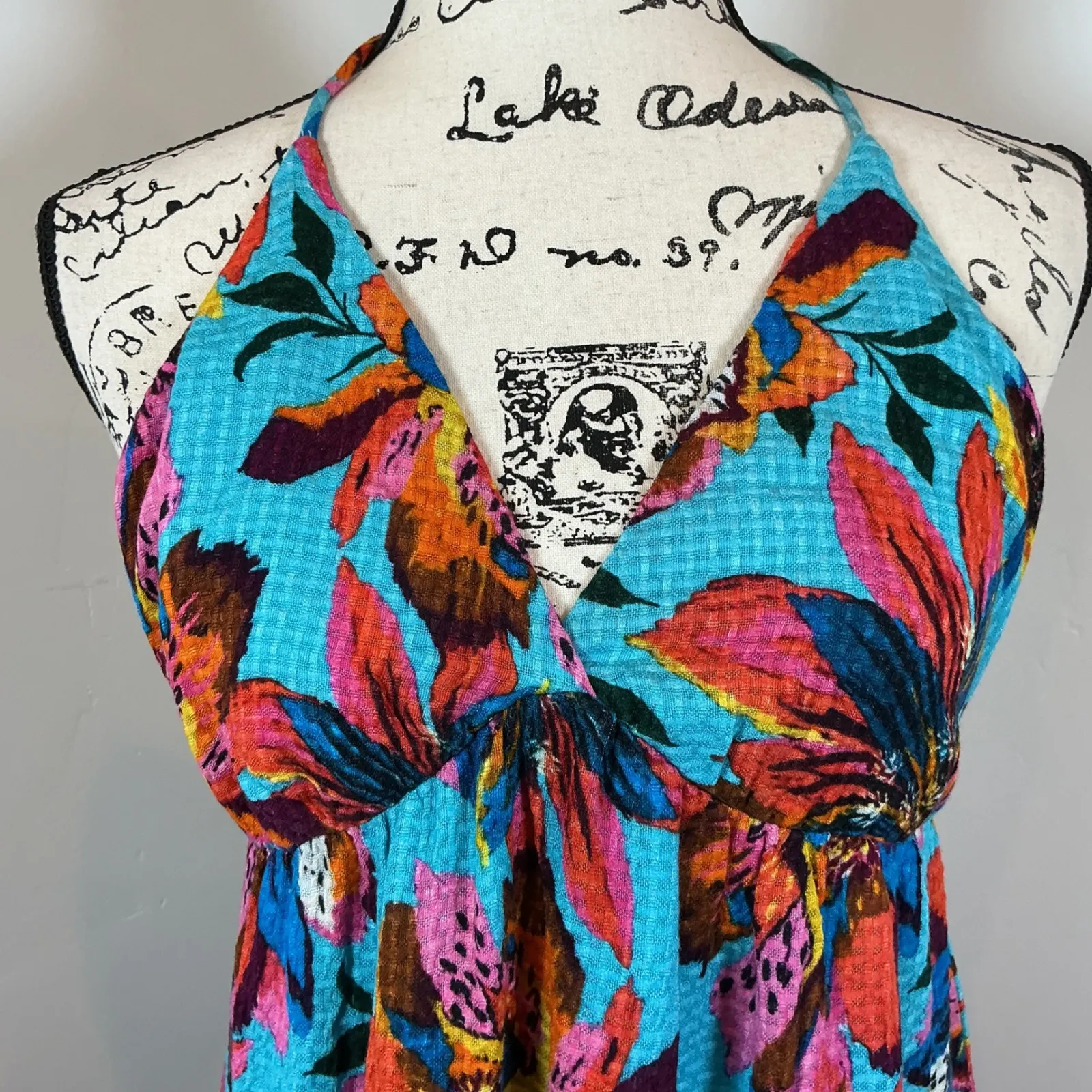 En Creme Women's Maxi Dress Halter‎ Neck Tropical Floral Tie Back Bohemian Blue - Image 3