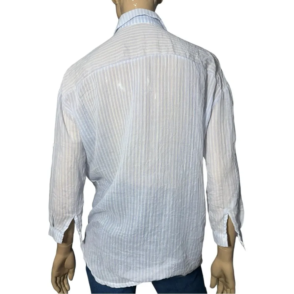 NU New York Women’s One Size Blue White Striped Cotton Viscose Button Up Shirt - Image 5
