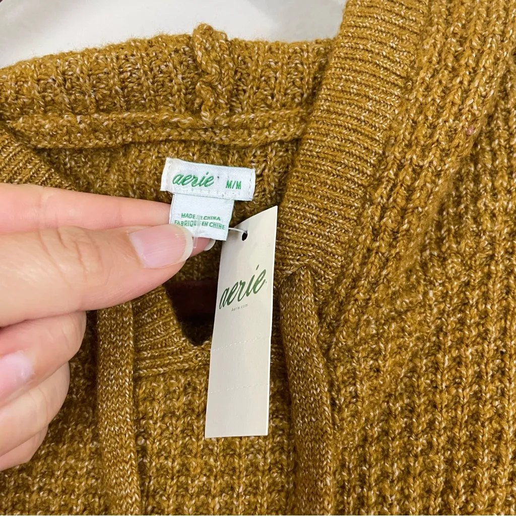 NWT Aerie Mustard Waffle Knit Hoodie Oversized Normcore Pullover Size Medium - Image 3