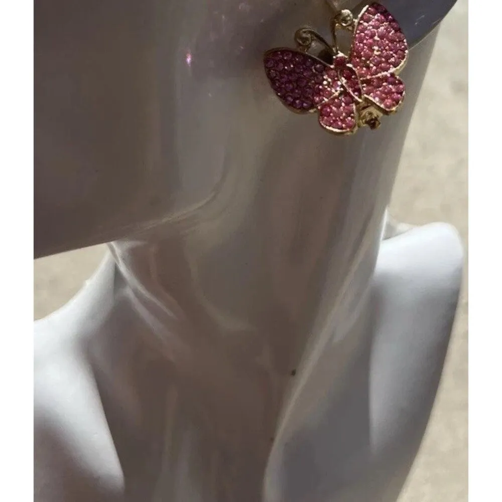 Vintage Pink Gold Tone Stone Rhinestones Spring Pin Clip Earrings Women’s Sz 1” - Image 2